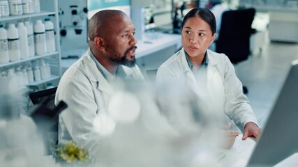 Poster - People, scientist and team with computer for science discovery or medical research at laboratory. Man, woman or lab experts with technology for experiment results, discussion or clinic analysis