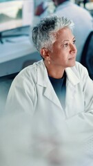 Poster - Mature woman, scientist and research with computer at lab for medical study or new discovery. Female person, biologist or typing on keyboard for science results, data or development at health clinic