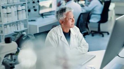 Aufkleber - Computer, science and woman in lab, research or online reading for test results, choice or internet. Mature person, employee and scientist in workplace, pc and solution with biotech and experiment