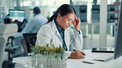 Poster - Research, science and woman with computer, headache and stress with deadline, botanist or email. Person, medical and agronomist in laboratory, pc and migraine with analytics results, pain and burnout