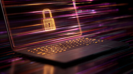Laptop screen displays glowing padlock symbol, set against dynamic light streaks, conveying digital security and data protection
