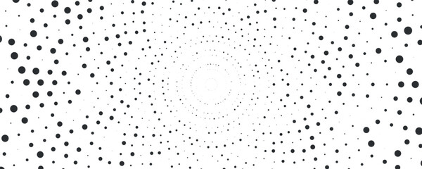 Poster - Radial halftone dots. Spotted and dotted stains gradient background. Concentric comic texture with fading effect.