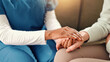 © Claytonon/peopleimages.com - Holding hands, closeup and senior woman with nurse on sofa for comfort, empathy and support. Retirement home, healthcare and caregiver with patient for care, help and compassion in assisted living