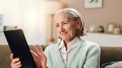 Aufkleber - Home, tablet and senior woman on sofa, smile and retirement with social media, internet and app. Pensioner, apartment and elderly person on couch, tech and email with information, chatting and typing