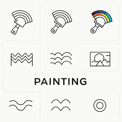 simple minimalist painting icons depicting art supplies waves and artistic elements in line style