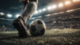 Close up feet of soccer player tread on soccer ball for kick off in the stadium on background. Foot kicking soccer ball, Sport, Achievements, Success concept