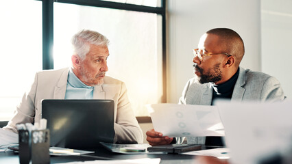 Poster - Mature, meeting or business people with documents for planning for teamwork, contract or budget. Manager, laptop or financial advisors talking for accounting project, profit growth or risk management