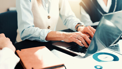 Poster - Hands, laptop and typing at meeting, finance and report for revenue growth with charts at office. Person, accounting and staff with computer for review, feedback and audit with documents at agency