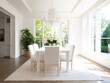 © Agus - White dining room with large windows and a light-colored rug.
