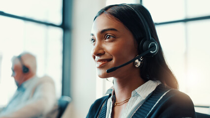 Poster - Call center, agent and woman with headset, telemarketing and talking to contact for lead generation. Office, representative and person with tech for sales, conversation and smile for consultation