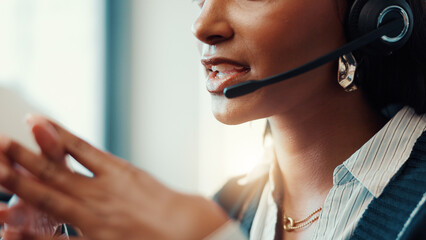 Poster - Call center, mouth and agent with headset, communication and talking to contact for lead generation. Business, representative and person with tech for sales, conversation and happy for consultation