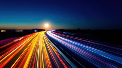 Wall Mural - Vibrant light trails on a highway at twilight with a full moon illuminating the scene