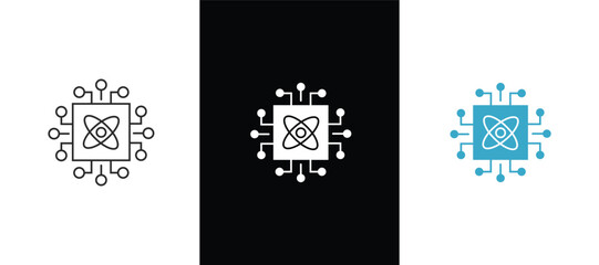 Quantum Computing icon set. Microchip logo for web or mobile. AI chip with circuits and an atom. Vector illustration