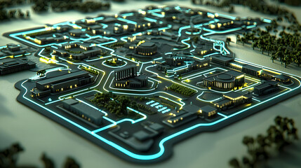 Wall Mural - Digital Cityscape Map With Glowing Lines