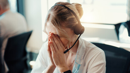 Aufkleber - Frustrated, woman and headache of stress in call center for difficult client, fatigue and mistake. Customer service, headset and agent with tension migraine for technical issue, 404 error or pressure