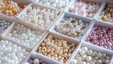 A kit for making beaded jewelry and crafts. Includes handmade pearl beads and other beads in boxes. A fun and creative DIY project or hobby.
