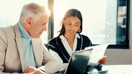 Poster - Mentor, contract or business people with laptop for meeting for teamwork, loan advice or budget. Manager, coaching or financial advisors in office for accounting project, documents or risk management