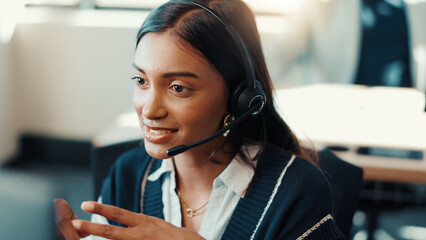 Poster - Call center, discussion and woman with headset, telemarketing and communication for lead generation. Business, representative and person with tech for sales, conversation and happy for consultation