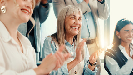 Poster - Success, happy woman or clapping for financial achievement, target or profit growth. Mature Investor, applause or team support in meeting for celebration, deal or well done for investment agreement