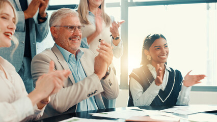 Poster - Success, happy people or applause for financial achievement, target or profit growth. Business investors, clap or team support in meeting for celebration, deal or well done for investment agreement