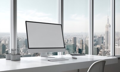 Modern office with computer, white desk, and large window showing New York City skyline, blank screen mockup.