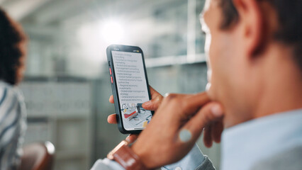 Aufkleber - Businessman, browsing and research with phone screen at office for business tips or information. Man, employee or website with mobile smartphone display for corporate ideas or strategy at workplace
