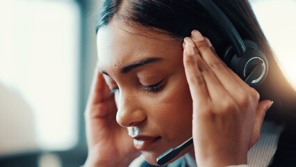 Aufkleber - Agent, woman and headache of stress in call center for difficult client, overworked and mistake. Customer service, headset and person with tension migraine for technical issue, 404 error and pressure
