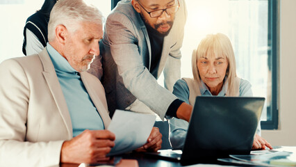 Aufkleber - Document, audit and business people on laptop for meeting, collaboration and investment news. Manager, group and financial advisors planning in office for teamwork, accounting and risk management