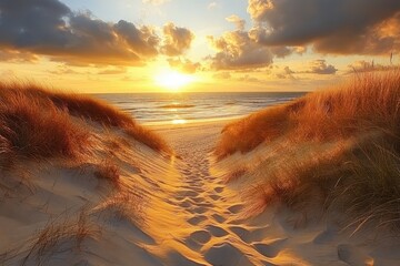 Wall Mural - Golden sunset at the beach with sand dunes and pathway to the ocean. Use this image for travel, nature, or peaceful backgrounds.