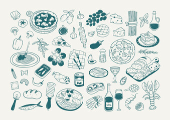 Hand drawn doodle set of different Italian food. Mediterranean traditional cuisine in sketch style. Minimalist collection linear food and drinks. Vintage design items for kitchen poster, print, menu
