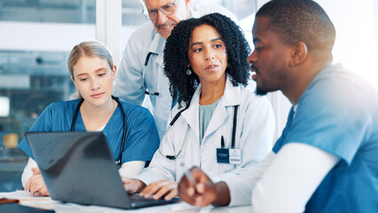 Poster - Doctors, nurses and meeting with laptop at hospital, review and strategy with report for virus in boardroom. People, medical staff and team with feedback, talking and planning for solution at clinic