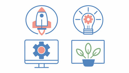 Vector Icons for Startups Growth Idea Generation Coding and Innovation Rocket Bulb Monitor Green Plant Set