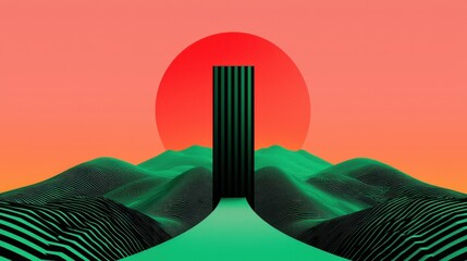 Wall Mural - a green mountain with a red sun in the background