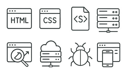 Web development icon set. coding, html, css, bug, server, responsive, linear vector icons.