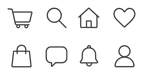 Shopping and social media icon set. cart, search, home, heart, bag, message, bell, user silhouette vector icons.