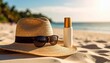 © Nashihal - sunscreen cream, the hat and sunglasses on the beach, summer vacation, skincare product