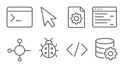 Tech icon set: web, code, bug, database, cursor, cog flat vector icons