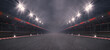 © LeArchitecto - Empty racing track and glowing floodlights illuminated sport stadium at night. Professional 3D illustration for racing sports advertising.