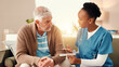 © peopleimages.com - Woman, nurse or pills with senior patient for medication prescription, consultation or dosage. Female person, caregiver or elderly man with medical or healthcare advice for pharmaceutical instruction
