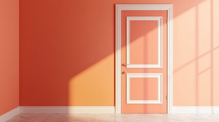 Fototapete - A vibrant coral door stands against fresh orange walls, illuminated by sunlight streaming through a window, enhancing the warm, cozy feel of the room with sleek wooden flooring