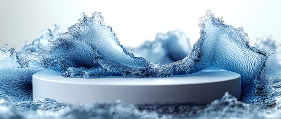 The background is a 3D cosmetic setting with a podium and abstract blue water splash, suitable for use in banners, product displays, or presentations of cosmetics, made using 3D rendering techniques