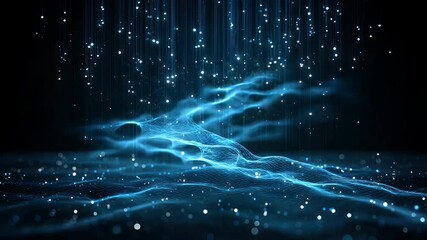 Wall Mural - Ethereal swimmer gliding through a digital water surface illuminated by shimmering particles in a dark space