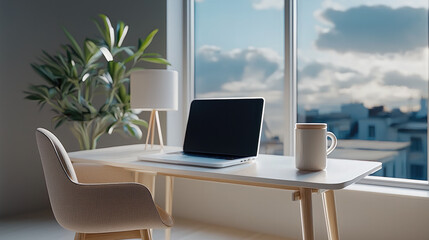 Poster - Minimalist workspace with laptop, coffee mug, lamp, and plant by window, calm and bright atmosphere