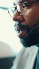 Poster - Business, call center and man with mic, closeup and help desk with communication. African person, employee and conversation in office, customer service or support with corporate professional or mouth