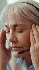 Poster - Stress, woman and headset with headache in call center for difficult client, burnout or overwhelmed. Face, customer service and mature agent with tension migraine for workload fatigue or overworked