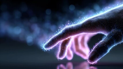 Wall Mural - Glowing hand reaching out in a cosmic environment, with vibrant energy particles floating around