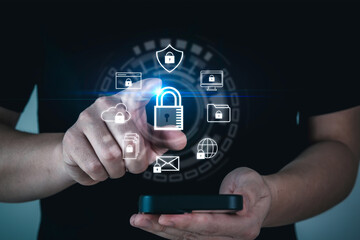 Wall Mural - Anti Virus Application. user hand using data protection application on mobile smartphone, backup storage management, data protection, internet network technology, cloud storage technology concept