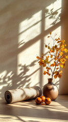 Poster - Minimalist fitness scene with yoga mat, autumn branch in vase, and wooden balls in warm sunlight