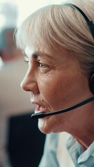 Poster - Mature woman, headset and call center agent in office with online consultation for crm, help desk or advice. Mic, customer service and female technical support consultant with troubleshooting.