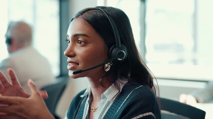 Poster - Help desk, talk and woman in call center for technical support, problem solving or crm. Customer service, virtual assistance or agent speaking with headset for it advice, troubleshooting or coworking